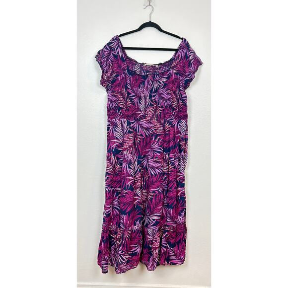 Soft Surroundings Marcelo Smocked Off the Shoulder Purple Palms Dress 1X - Picture 1 of 4